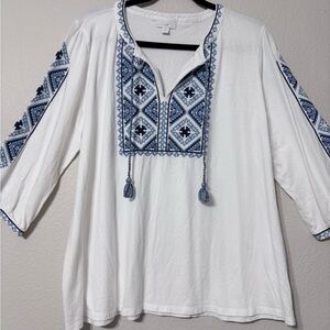 J. Jill Women’s White Blue Cross-stitch Embroidered Tunic Tassels Boho Peasant L